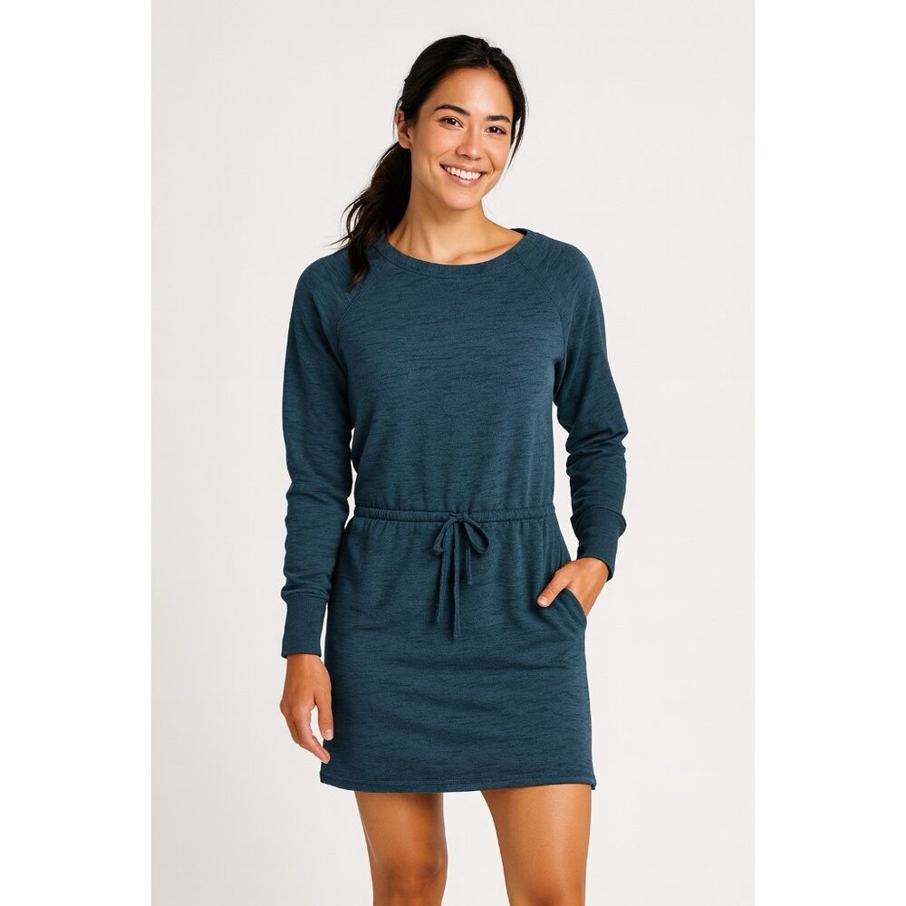 PRANA sunrise slub knit dress long sleeve drawstring waist pockets green S